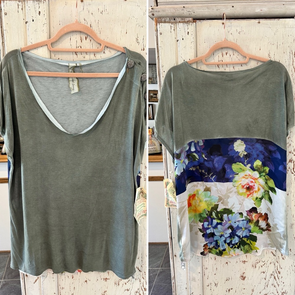 Olive Green Short Sleeve Tee with Floral Back